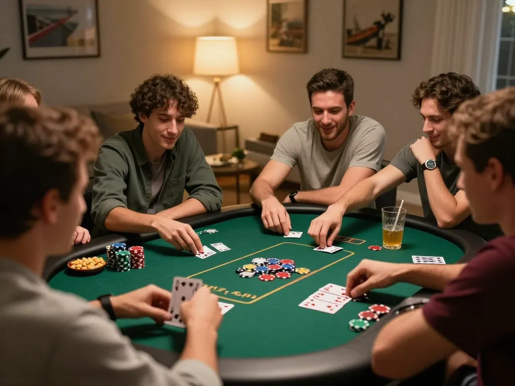 Friends enjoying poker night using 12nk88.com for strategic betting and fun.