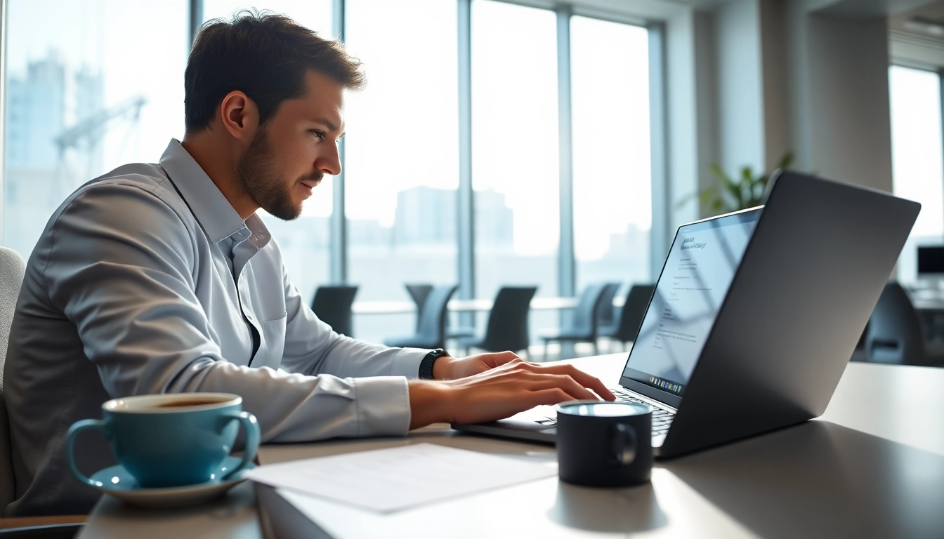 Filling out the eta uk application form with focus and professionalism in a bright office.