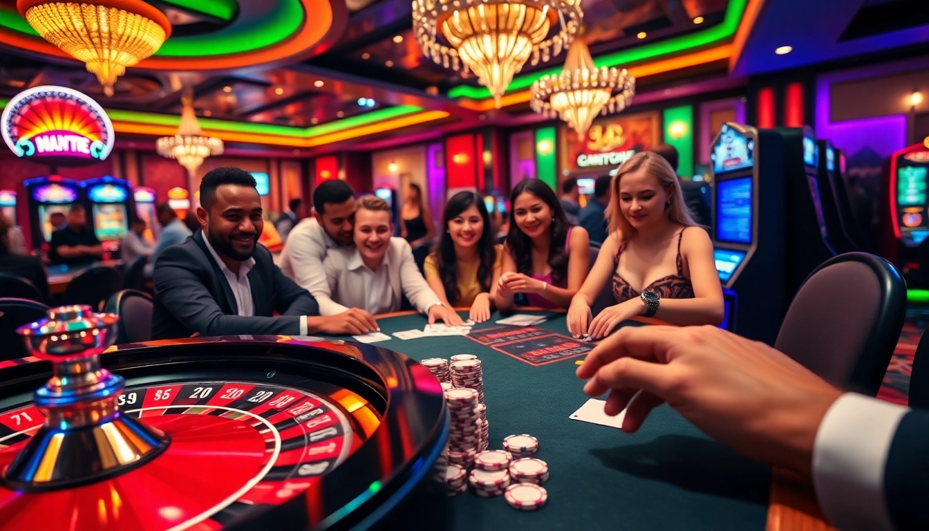 Exciting casino scene with poker games and slots showcasing the thrill of gambling at https://mm66i.com/.