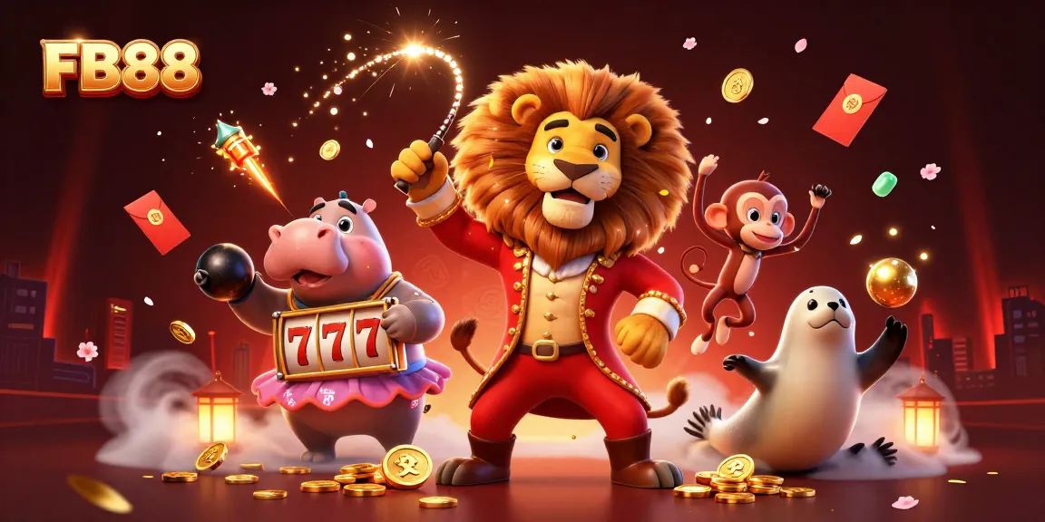 Engage with FB88's vibrant casino scene featuring lively cartoon characters and exciting game elements.