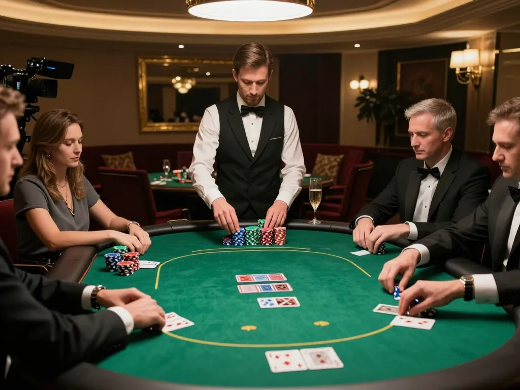 F168 poker players enjoying a high-stakes game at an elegant casino table.