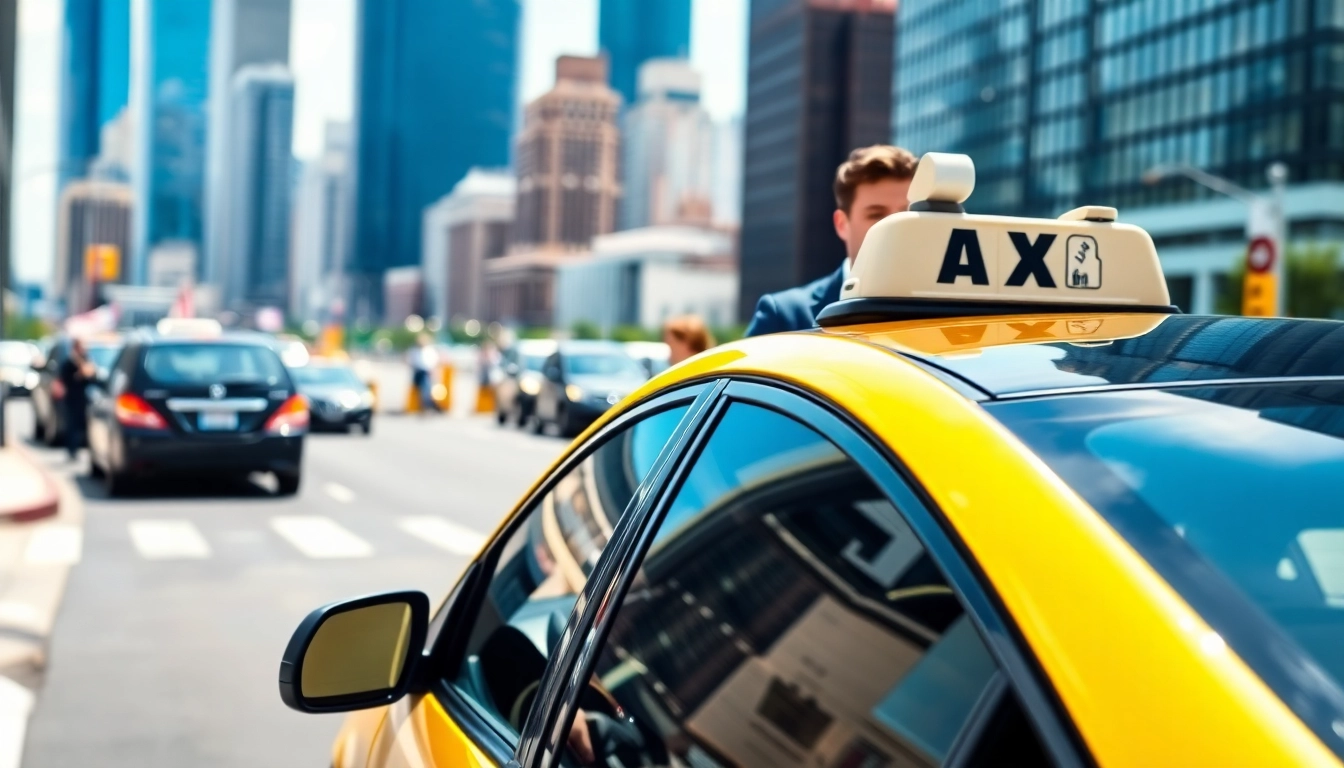 Taxi service in a lively city showcasing a modern vehicle against a vibrant skyline.
