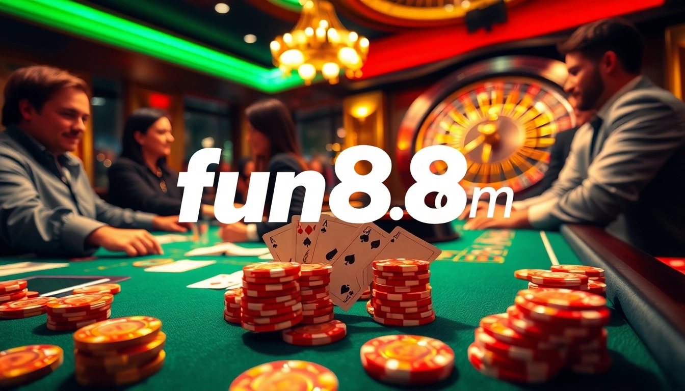 Experience casino excitement at fun88.com with vibrant games, poker chips, and a roulette wheel.