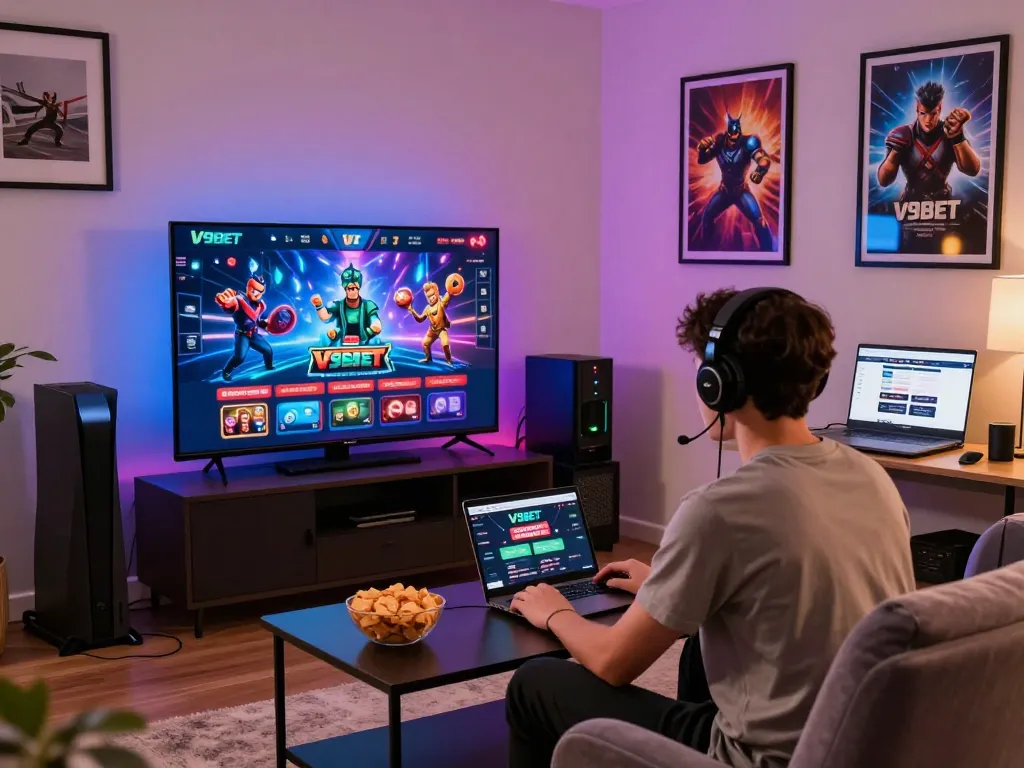 Engaging V9BET gaming atmosphere in a modern living room showing a player immersed in online casino games.