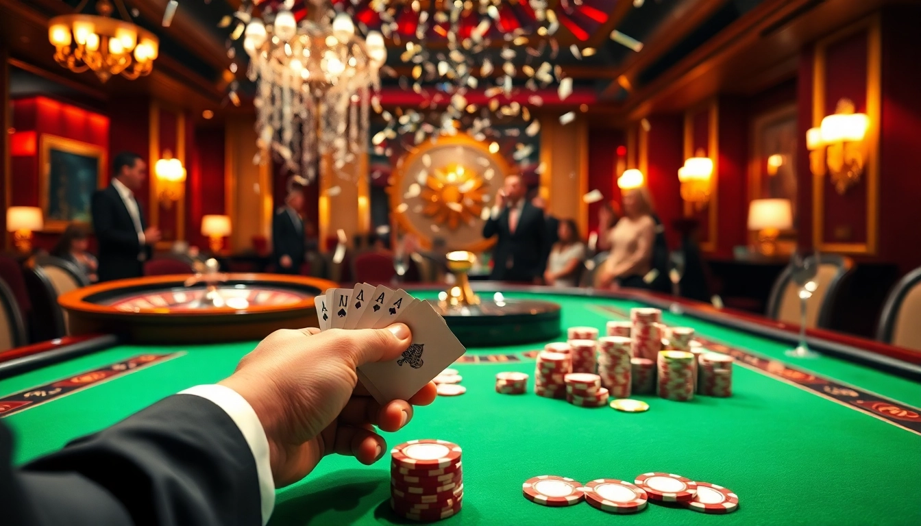 High-stakes poker scene at bk8 casino, celebrating wins with luxurious décor.