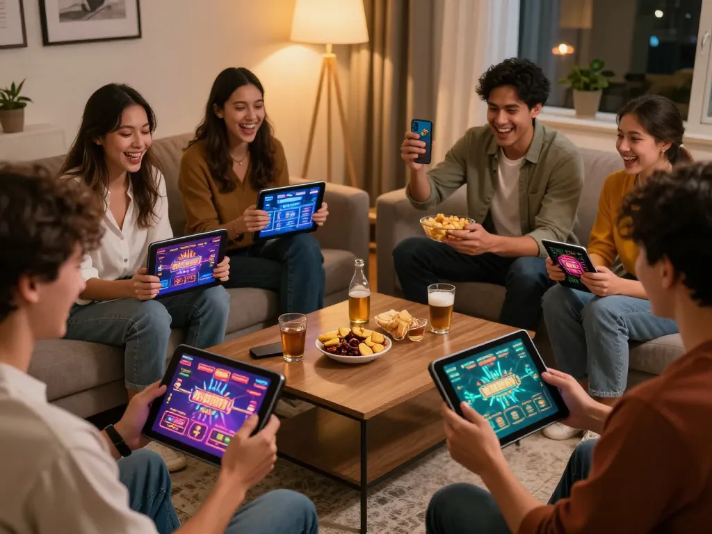 S666 online gambling scene with friends celebrating and enjoying various casino games on mobile devices.