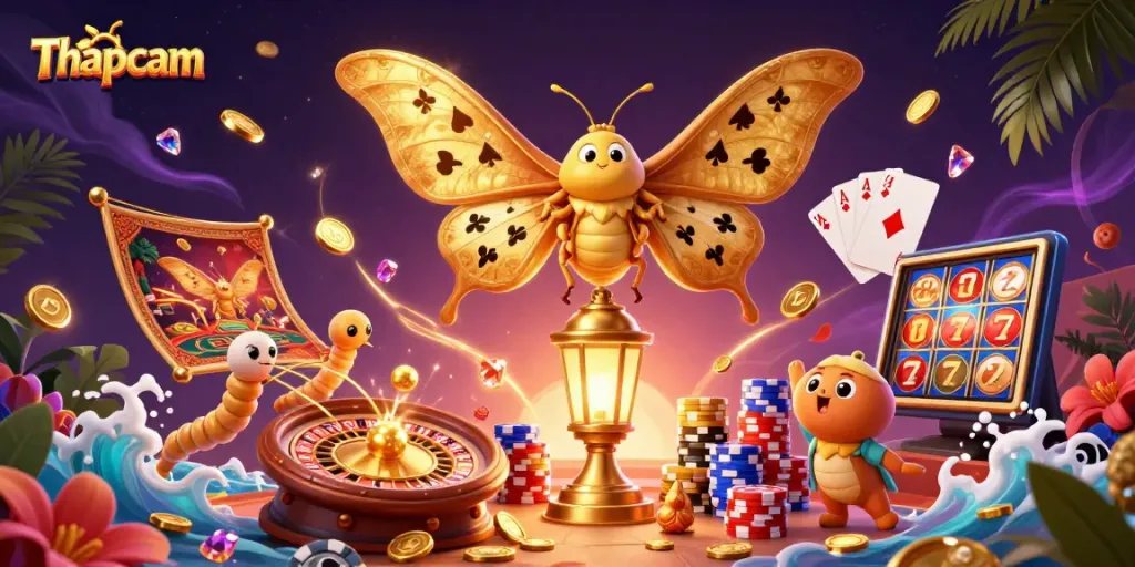 Thapcam showcases a vibrant 3D portrayal of a dynamic casino-themed scene with intricate elements.