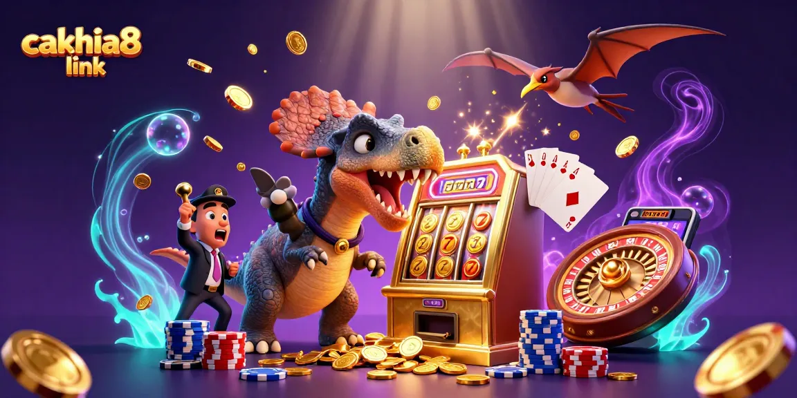Watch Cakhia8 link pay out jackpots with dinosaurs as slot machines and coins fill the scene.