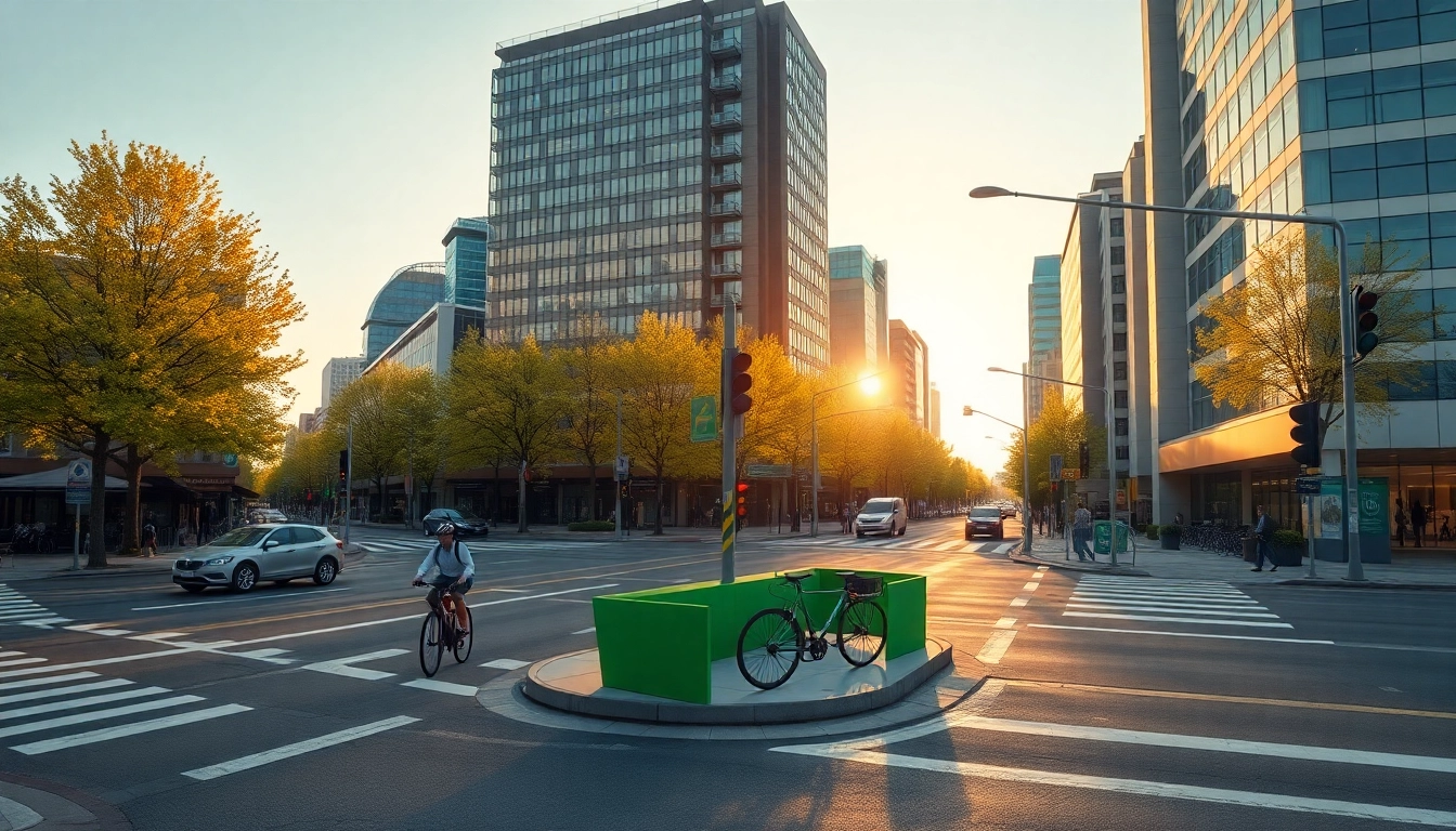 Modern urban bicycle box intersection illustrating ia +18 elements with cyclists and green energy features.