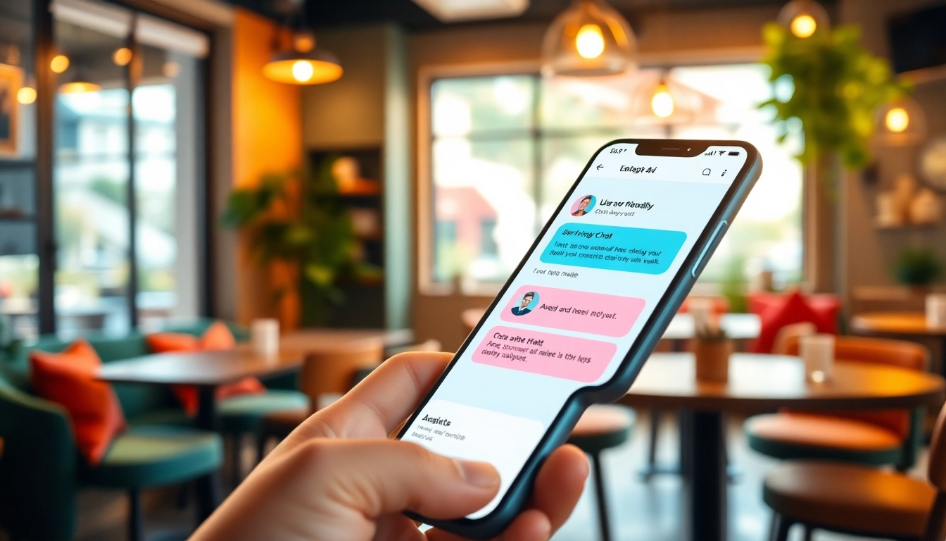Modern AI app interface for ages 18+, showcasing chat features in a vibrant coffee shop setting.