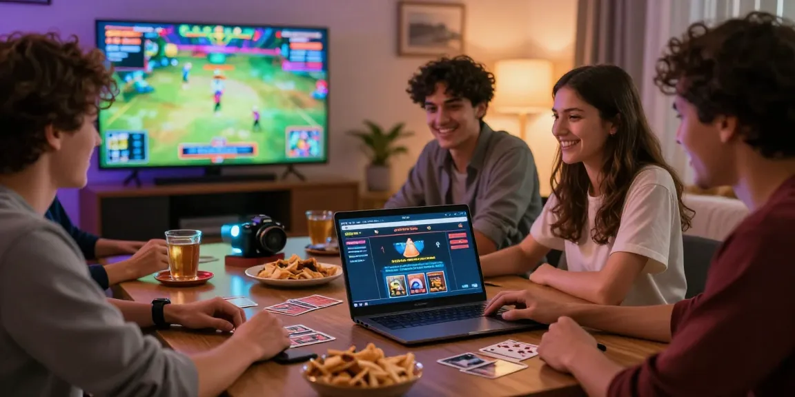 Players enjoying a credit card casino night at home, showcasing https://euf.co.uk with a laptop and gaming excitement.