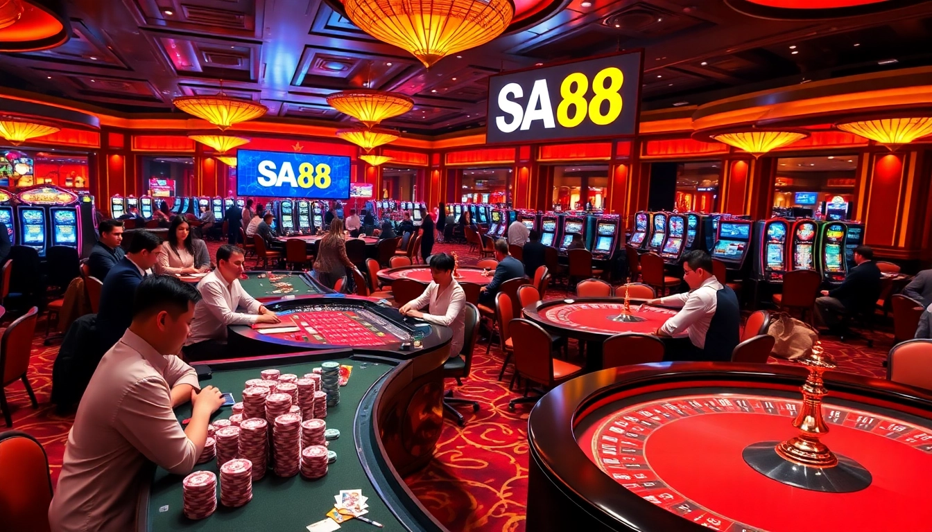 Exciting gambling scene featuring SA88 logo on casino tables with poker chips and cards.