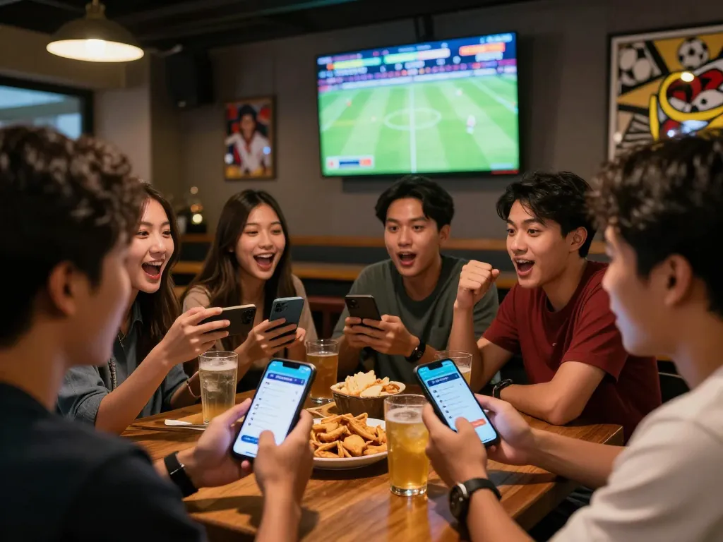 Friends placing bets using link sungaitoto on their smartphones while watching a live football match at a sports bar.