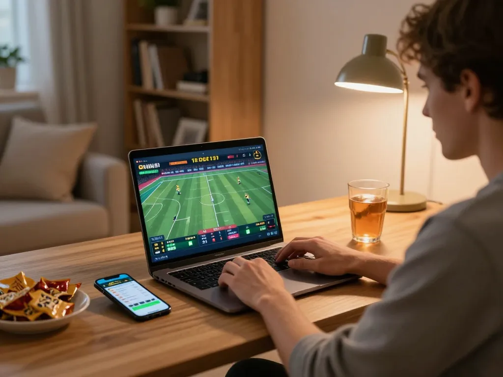 Betting on sports at home using https://sky88live.com/ on laptop with live odds displayed.