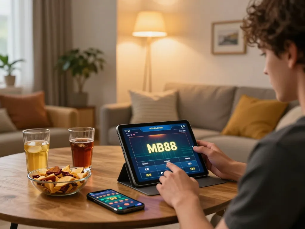 Engaging with online MB88 gaming app on tablet in a cozy home setting