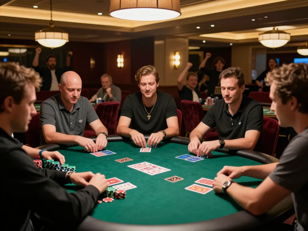 Players strategizing around the poker table at xfzc168 casino, showcasing high-stakes gameplay and vibrant atmosphere