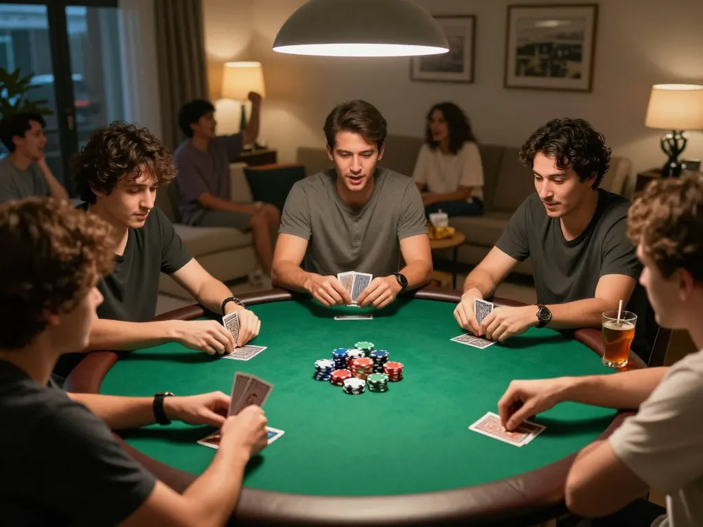 Players enjoying a thrilling poker game at home with iwinclub felt table, chips in action.