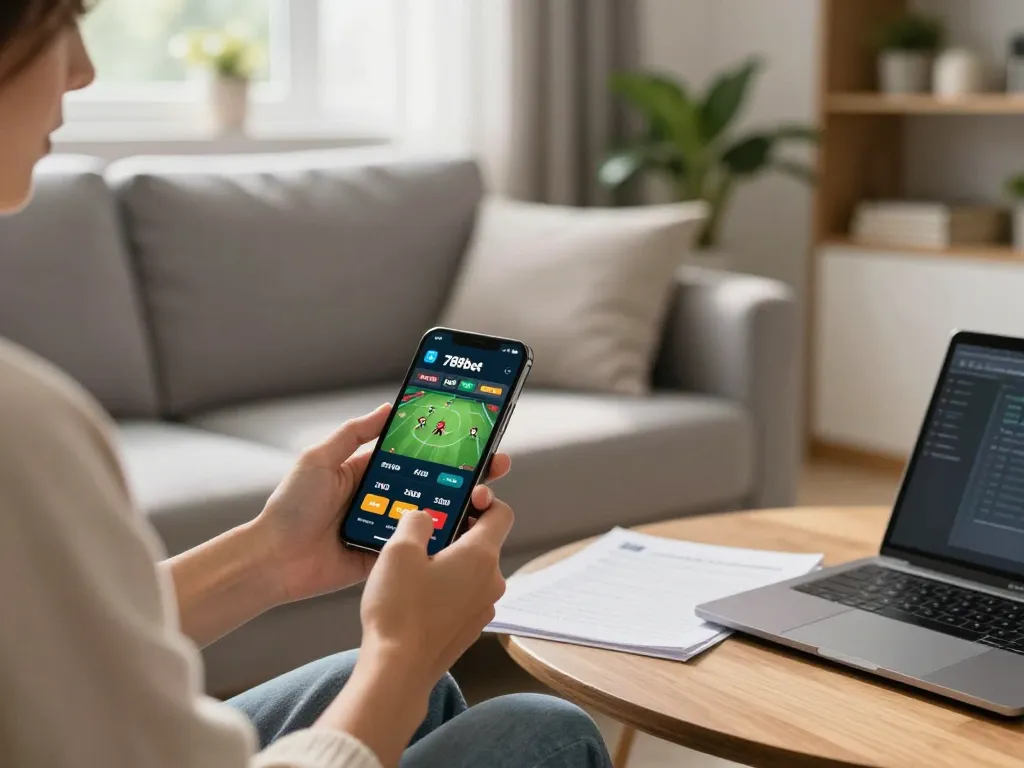 Betting on 789bet app during an exciting sports match in a cozy home setting