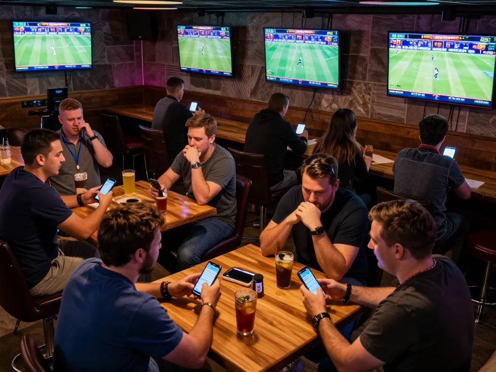 Soi kèo analysis in an energetic sports bar with patrons reviewing bets and discussing game strategies