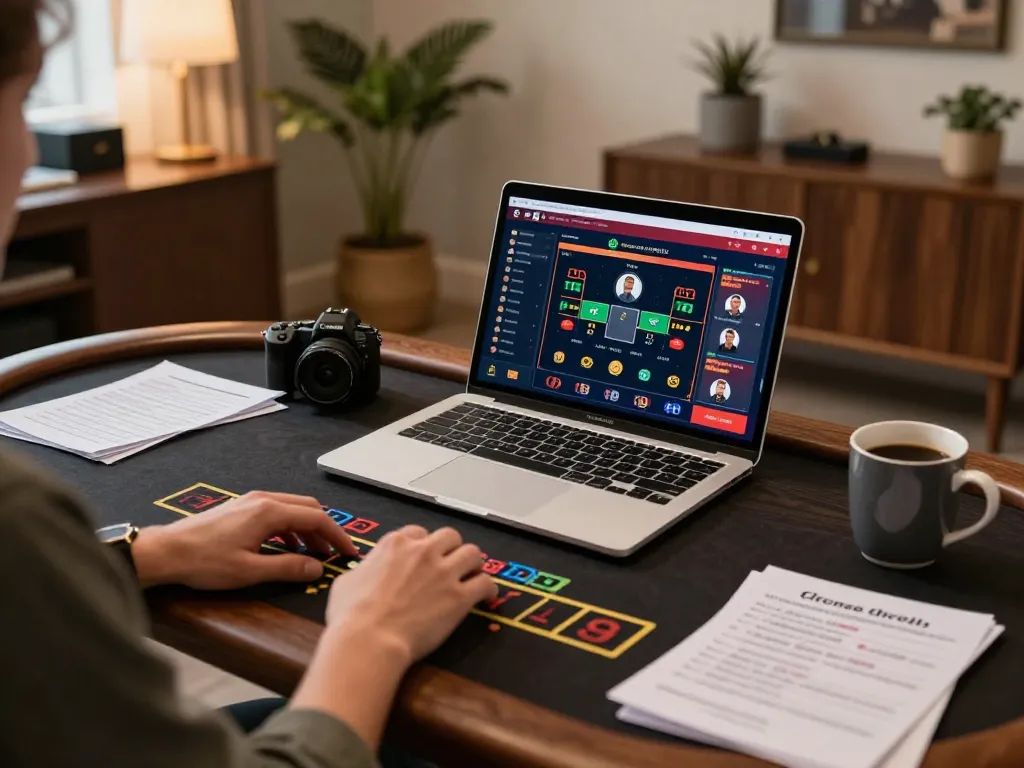 Kuwin user enjoying live dealer baccarat on a stylish laptop with betting notes.