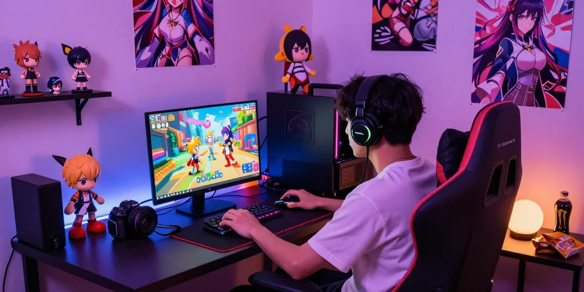 Gamer enjoying hentai games online in a vibrant digital gaming setup.