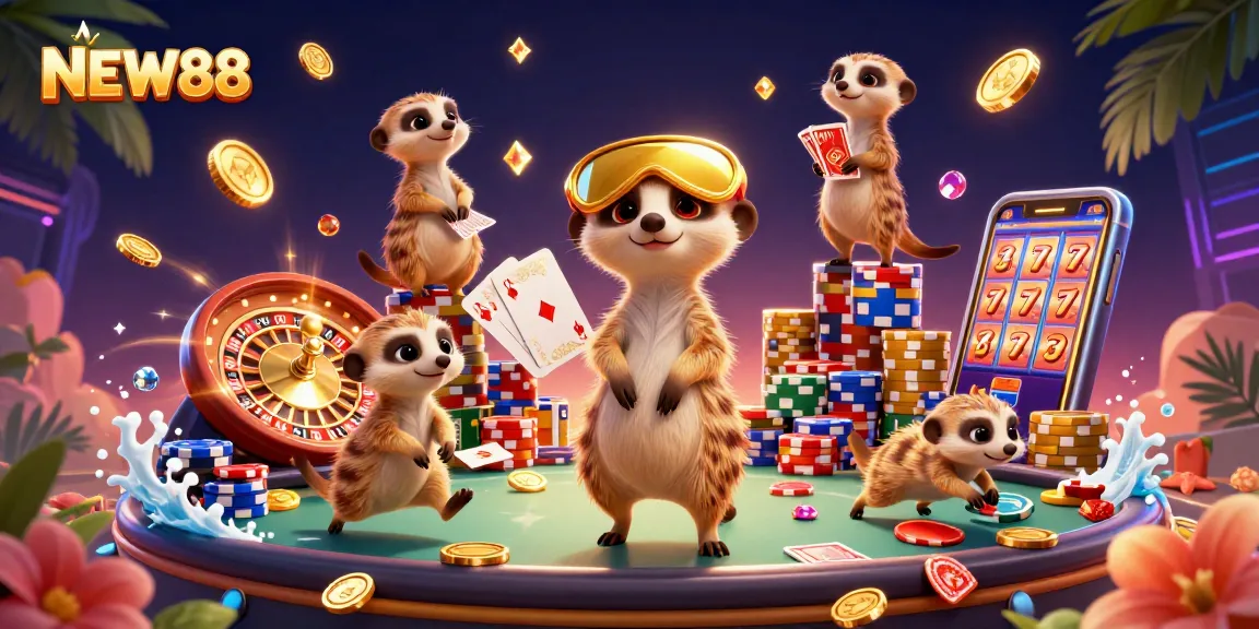 NEW88 meerkats managing an exciting casino scene with vibrant gaming elements.