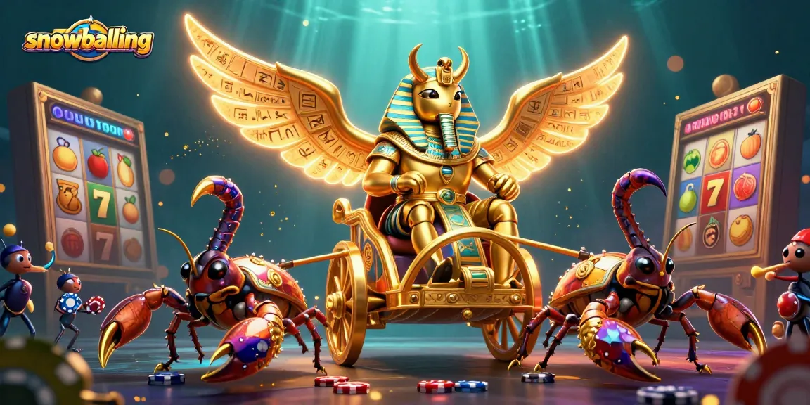 snowballing in a vibrant illustration with a golden scarab beetle and slot game elements