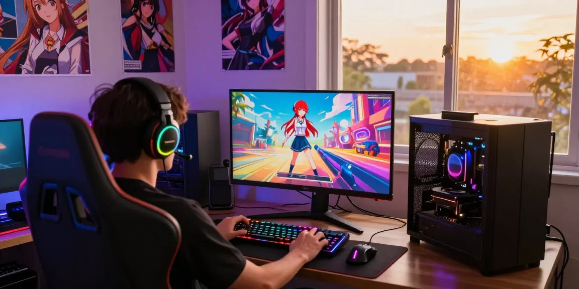 Engaging player immersed in a vibrant hentai game experience with anime graphics and gaming gear.