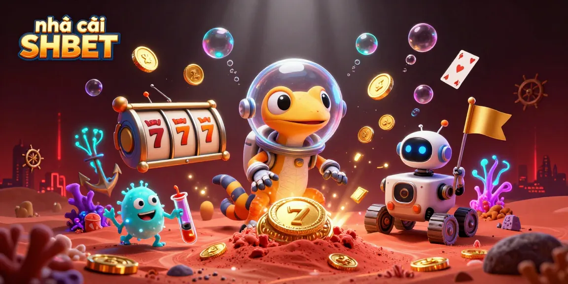 Experience the excitement of Nhà cái SHBET in a dynamic 3D casino scene filled with vibrant gaming elements.