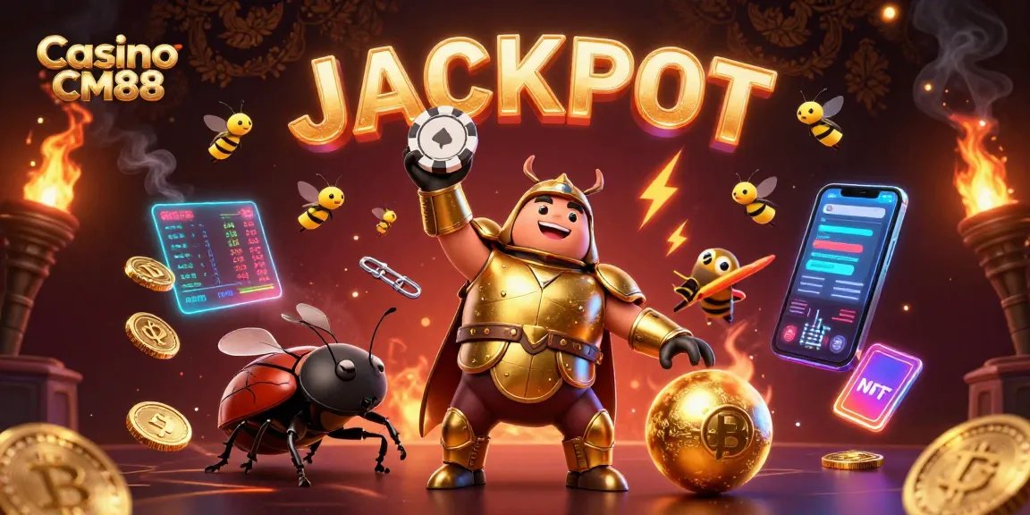 Casino CM88 celebrates a big win with a hercules beetle in armor lifting a poker chip.