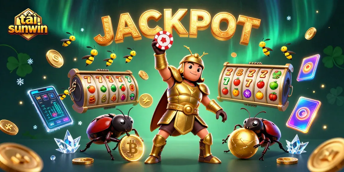 Engage in thrilling gameplay while tải sunwin, showcasing a victorious beetle lifting a poker chip amidst vibrant casino elements.